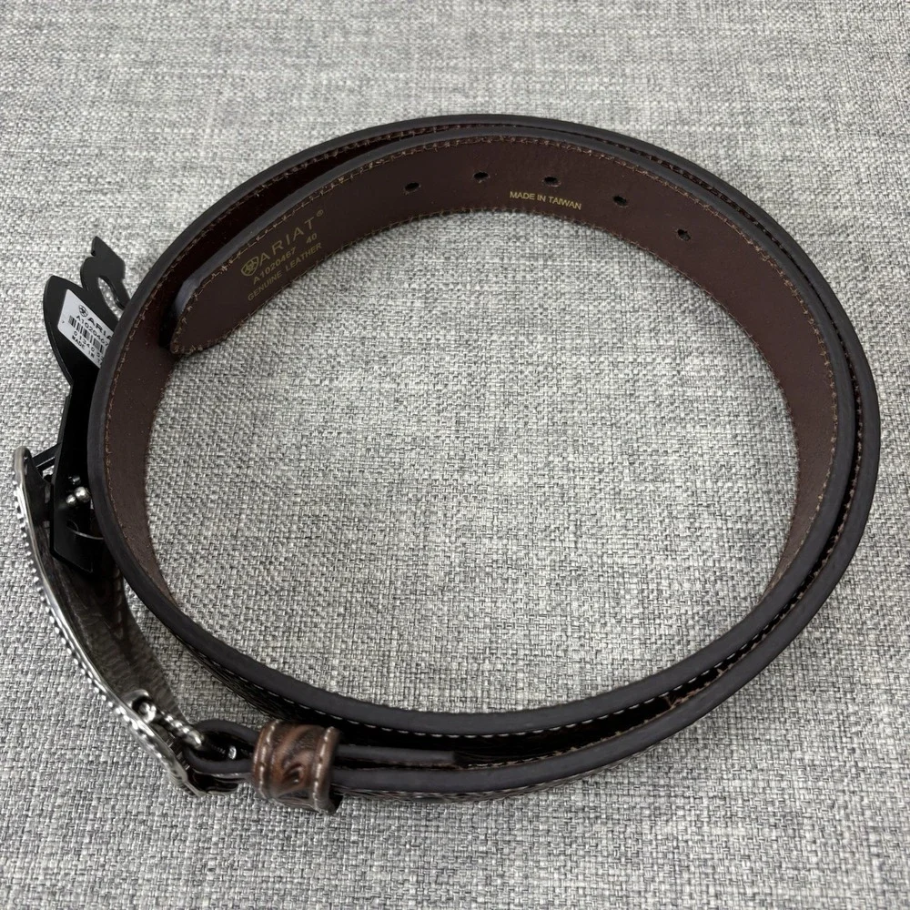 Ariat Mens Brown Floral Tooled Genuine Leather Belt Silver Trophy Buckle NWT